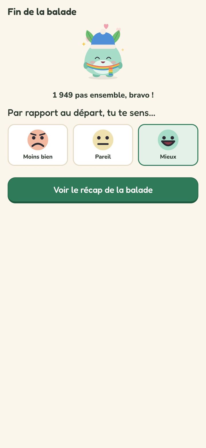 Fin de balade : par rapport au départ, tu te sens moins bien, pareil ou mieux ?